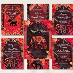 Faire-part de mariage indien | Élégante carte Haldi florale florale de mariage hindou d'éléphant pour faire-part Desi animé tamoul | Cadeau rouge pour les mariés
