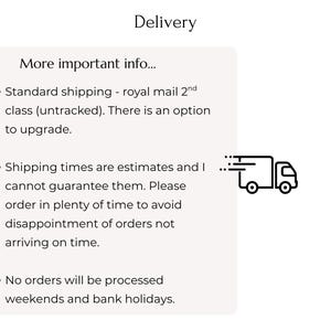 May include: A white informational graphic with the heading Delivery and the subheading More important info. It lists bullet points regarding shipping policies, includes a black line-art icon of a delivery truck, and the Blossom Life Events logo.
