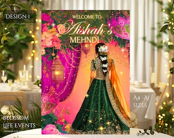 以下が含まれることがあります： 「Welcome to Aishah's Mehndi」のテキストが入った、鮮やかなイベントサイン。緑と金のドレスを着た女性が、ピンクと金の花の装飾とランタンに囲まれています。サインには「Design 1」と「A4-AI Sizes」の文字も含まれています。