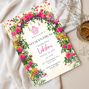 Seemantham laden für Godh Bharai Board ein | Rosa Valaikappu Blumenschild | Indisches Babypartygeschenk | Marigold Einladungskarte New Mum zum Ausdrucken