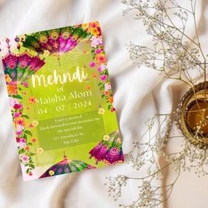 Beautiful Mehndi invite | Green Mehendi invitation for Groom | Mehndi invite Card | Printable Henna invite | Floral Evite | Gift for bride