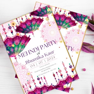 Mehndi Ki Raat-uitnodiging | Indiase mehendi-uitnodiging | Modern kleurrijk | Afdrukbare bewerkbare Dholki, Sangeet, Mayoun uitnodiging | Elegante paraplu's