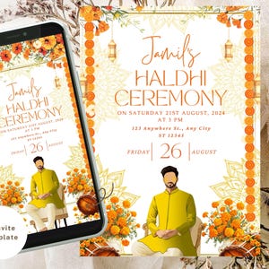 May include: A digital invitation template for a Haldi ceremony. The template features a yellow and orange floral design with a man in a yellow kurta and white pants. The text on the invitation reads "Jamil's Haldi Ceremony" and includes the date, time, and location of the event.