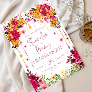 Invitación de Mehndi para parejas / Invitación de Mehndi para novios / Noche de Mehndi imprimible Evite / Invitación de boda floral amarilla y rosa