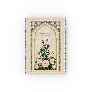 May include: A rectangular notebook with a cream-colored cover featuring an arched frame design. The cover displays a central illustration of pink and yellow flowers with green leaves, surrounded by a floral border and the text NOTEBOOK daily journal.