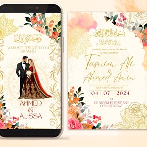 Faire-part de mariage musulman numérique modifiable | Faire-part de mariage animé Nikkah Walimah Shaadi Baraat | Cadeau islamique imprimable