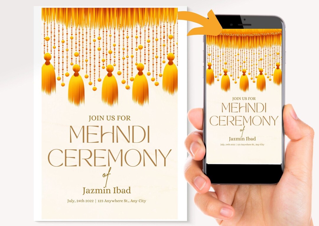 Personalised Digital Henna Invitation | Umbrella and Tassels Printable Download | Mehndi Digital ...