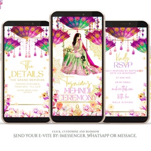 Belle invitation Mehndi | Invitation florale indienne de Mehendi | robe vert menthe et rose | Cadeau modifiable d'invitation à une soirée mehndi ou électronique pour elle
