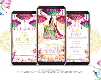 Beautiful Mehndi Invite | Indian Floral Mehendi invitation | mint green and pink dress | Editable mehndi party invite or e-vite Gift for her