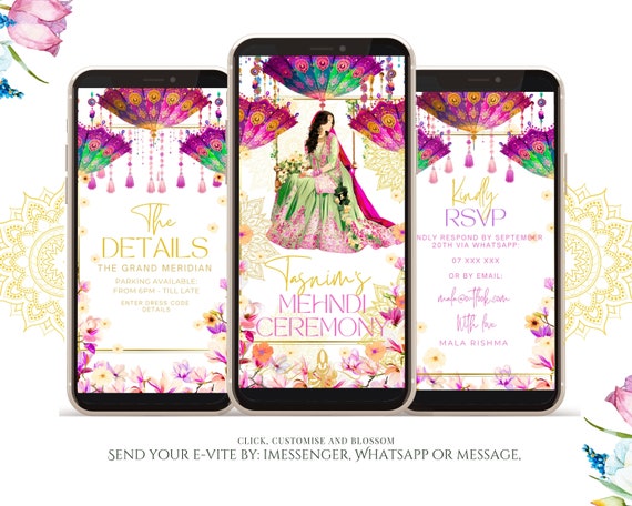 Green and Pink Mendhi invitation | Editable mehndi party invite | Digital Download