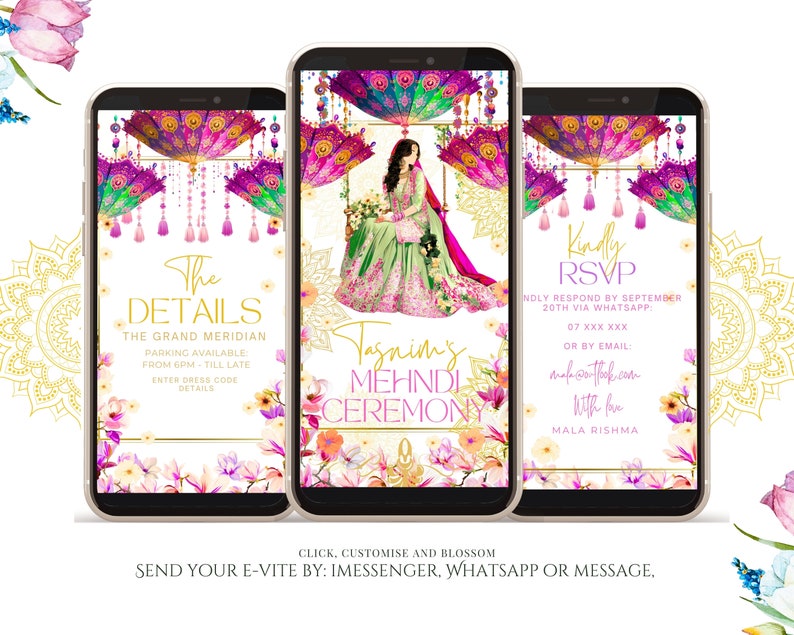 Beautiful Mehndi Invite mint green and pink Elegant Floral