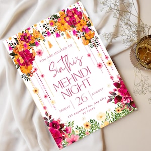 Roze mehndi-nachtuitnodiging | Kleurrijke mehndi-uitnodiging | Afdrukbare Mehndi-nachtverlichting| gele en roze bloemen nodigen uit | Eenvoudige bloemenuitnodiging