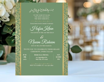 Sage Green and Gold Islamic Invitation, Elegant Islamic Invitation Template, Editable Template, Green and Gold Nikkah Invitation for Wedding