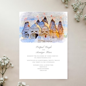 Elegante invitación de boda sij / Tarjeta con boceto del lugar de celebración en acuarela / Invitación de boda personalizada con ilustración del lugar / Invitación de lujo de Anand Karaj