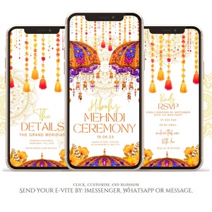 May include: A digital invitation for a Mehndi ceremony. The invitation features a colorful illustration of a traditional Indian umbrella, floral accents, and a mandala pattern. The text reads "Hibah's Mehndi Ceremony" and includes the date and location of the event. The invitation also includes a RSVP section with contact information.
