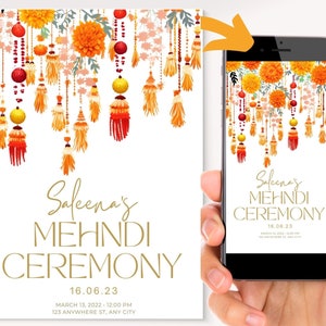 Bloemen mehndi e-vite | Zuid-Aziatische huwelijksuitnodiging | Afdrukbaar digitaal ontwerp | Prachtige e-uitnodiging voor Mehndi | E-vite voor bruiloften