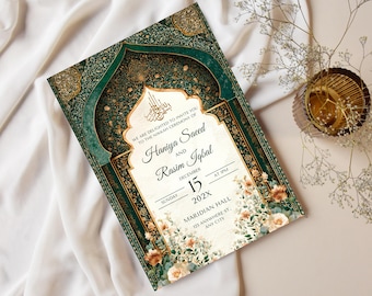Editable Islamic Wedding E-Invite | Nikkah, Walima & Reception Invitation Template | Digital Download Green Floral Card