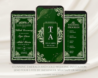Modello di invito digitale per matrimonio musulmano, invito Nikkah, invito elettronico Emerald Nikah, invito per ricevimento islamico modificabile, invito Walima