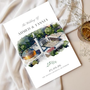 Elegante invitación de recepción de boda para Walimah / Tarjeta de boda con boceto de lugar de celebración en acuarela / Juego de invitación islámica personalizada con ilustración del lugar