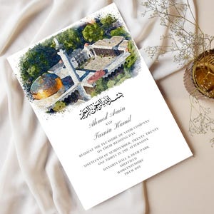 Elegante invitación de boda y Nikkah / Invitación de boda con boceto del lugar de celebración en acuarela / Tarjeta de boda personalizada con ilustración del lugar de celebración / Personalizada