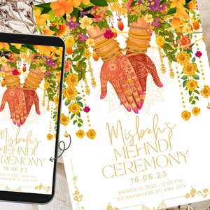 May include: A digital invitation for a Mehndi ceremony with a floral design and the text "Misbah's Mehndi Ceremony 16.06.23 March 13, 2022 - 12:00 PM 123 Anywhere St, Any City"