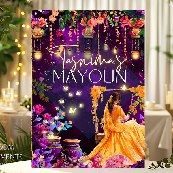 Mayoun Sign for Indian Pakistani Mayan Party | Beautiful Floral Mayoun board | Maiyan Welcome wedding board | Editable Purple Gift for Bride