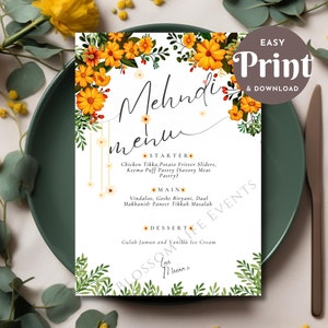 Tarjeta de menú Mehndi - Imprimible / Menú Mehndhi y tarjeta de mesa / Tarjeta de mesa Mehandi / Tarjeta imprimible Mehndi / favores mehandi
