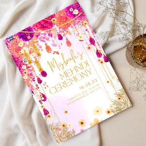 Belle invitation florale | Faire-part Mehendi | Invitation Mehndi moderne | Invitation Haldi imprimable | Invitation Sangeet | Invitation fleurs roses Mendhi