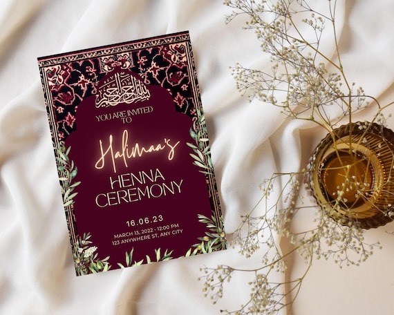 Maroon and White Tatreez Palestinian Henna Invitation - Editable Template Floral Palestinian Invitation | Beautiful Henna invite