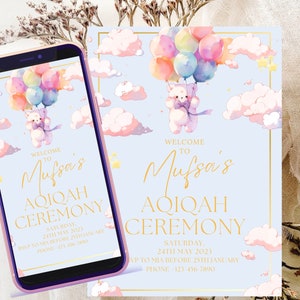 Invitation à la Aqiqa | Invitation électronique Aqeeqah pour bébé fille et garçon | Belle invitation à la Aqiqah | Modèle de carte Akikah d'invitation bleue à la cérémonie de l'Aqiqah