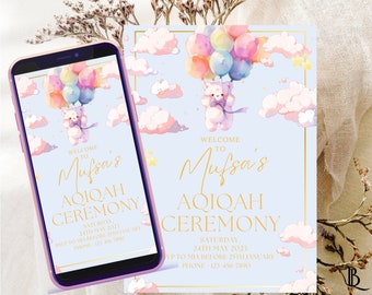 Invitación Aqiqah / Invitación electrónica Aqeeqah para niña y niño / Hermosa invitación Aqiqah / Invitación a la ceremonia de Aqiqah azul Plantilla de tarjeta Akikah