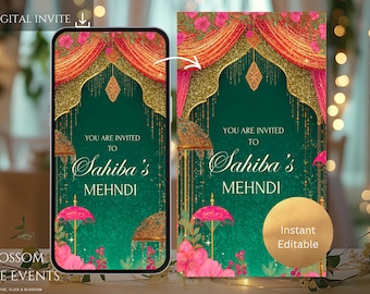 May include: Digital invitation for Sahiba's Mehndi, featuring a green background with gold accents and pink floral and umbrella motifs. The text "YOU ARE INVITED TO Sahiba's MEHNDI" is displayed in elegant script. The design is available as an instant, editable digital invite.