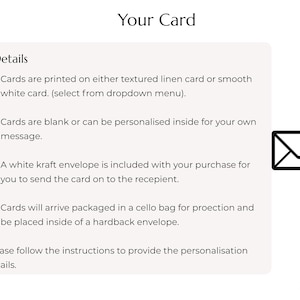 May include: An informational graphic titled Your Card with details about card material options, personalization, white kraft envelopes, and protective packaging. It features a black envelope icon and the Blossom Life Events logo at the bottom right.