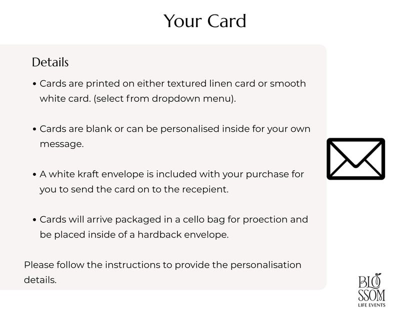 May include: An informational graphic titled Your Card with details about card material options, personalization, white kraft envelopes, and protective packaging. It features a black envelope icon and the Blossom Life Events logo at the bottom right.