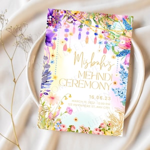 Pastelkleurige bloemenuitnodiging | Mehendi-pastelkleuruitnodiging | Mooie Mehndi-uitnodiging | Afdrukbare Mendhi-uitnodiging | Sangeet-uitnodiging | Uitnodigingskaart bloemen