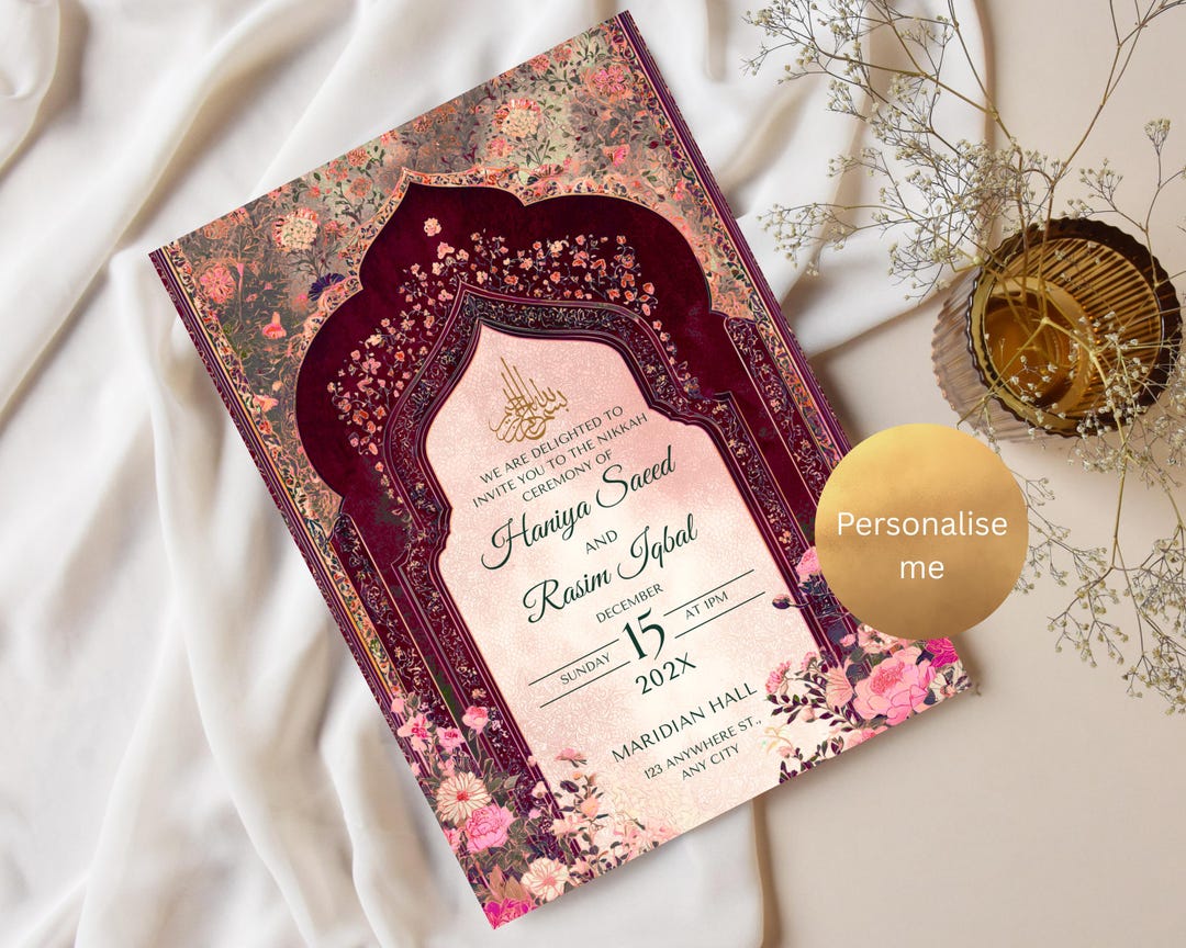 Islamic Wedding Invitation Template | Maroon Floral Nikkah Invitation ...