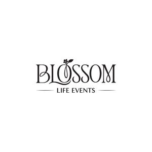 May include: A black logo on a white background featuring the word BLOSSOM in a stylized serif font. The letter O is replaced by a small flower graphic with a single leaf. Below the word, the text LIFE EVENTS is centered between two horizontal lines.