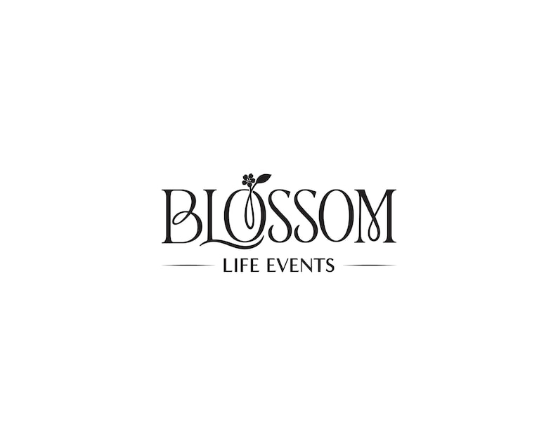 May include: A black logo on a white background featuring the word BLOSSOM in a stylized serif font. The letter O is replaced by a small flower graphic with a single leaf. Below the word, the text LIFE EVENTS is centered between two horizontal lines.