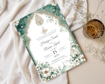 Islamic Wedding Invitation Template | Nikkah Digital Invite | Editable Floral E-Invite | Green Wedding Card Download