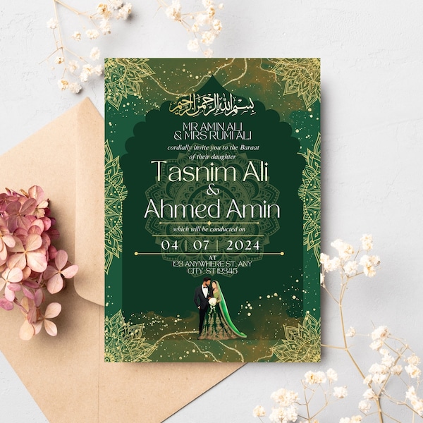 Modern Nikkah Invitation Digital Editable  | Floral Modern Muslim Invite | Template Emerald Niqqah Walima Shaadi Baraat Elegant | Islamic