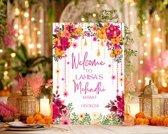 Signo de bienvenida de Mehndi floral rosa / Tablero Mendhi para boda india / Pithi Haldi Mayoun (Descarga digital)
