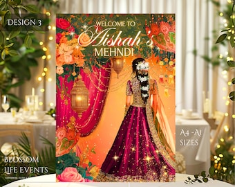 Mehndi Sign Board | Customisable Mehndi Sign board | Hot Pink and Green Mehndi template | Beautiful Floral Sign Mehndi Gift for Bride