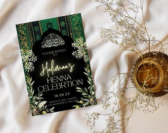 Palestinian Henna Invite | Green Tatreez Palestinian Invitation | Beautiful Henna invite | Elegant islamic e-vite | Green and white Tatreez