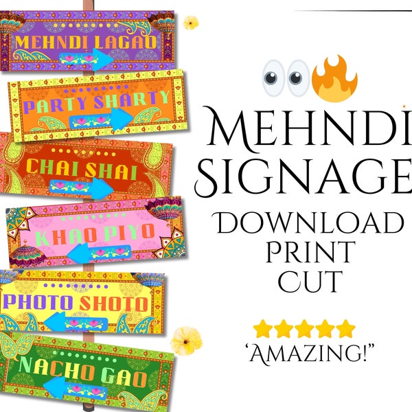 Quirky Mehndi Signs and Decor for Indian Sangeet Holud Mayoun | Printable Colourful Mehendi Sign board | gift for groom bride | fun signs