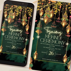 Invitación de Mehndi verde y dorada / Tarjeta de noche de Mehndi para hombres / Invitación de boda imprimible / Invitación elegante de Mehndi para hombres / Invitación clásica de Mehndi