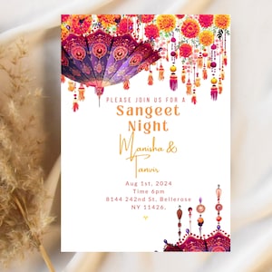 Prachtige bloemen Sangeet-uitnodiging | Indiase Sangeet-uitnodiging | Modern kleurrijk | Afdrukbare uitnodiging voor sangeet-ceremonie | Sangeet | bloemen