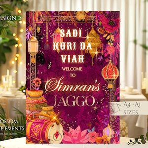 May include: A decorative wedding sign featuring a rich purple backdrop with gold lanterns and floral details. The sign displays the text "Sadi Kuri Da Viah" and "Welcome to Simran's Jaggo", with A4-A1 sizes.