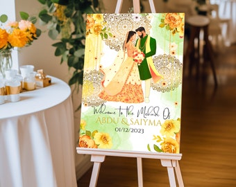 May include: Welcome to the Mehndi of Abdu & Saiyma 01/12/2023. A watercolor illustration of a couple in traditional Indian wedding attire, surrounded by floral designs and mandalas.