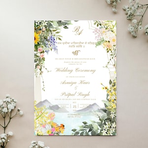 Modelo de reserva de data para casamento em vinhedo italiano em Punjabi | Convite digital para vinícola na Toscana | Cartão de recepção floral em aquarela | Sikh em Punjabi