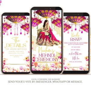Rosa Mehndi einladen | Indische Blumen Mehendi Einladung | Hot Pink Mehndi einladen | Bearbeitbar mehndi Party einladen oder e-vite Geschenk für sie